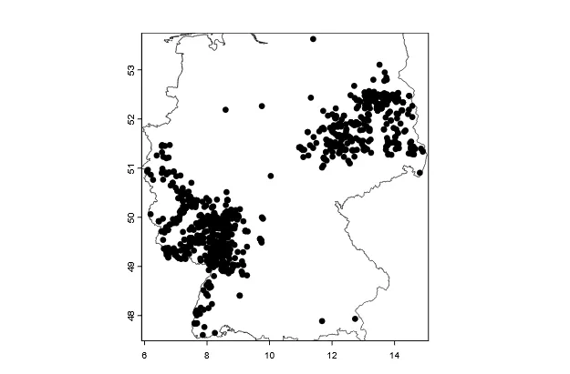 Figure 4: Occurence points of Mantis religiosa in Germany. Source: GBIF