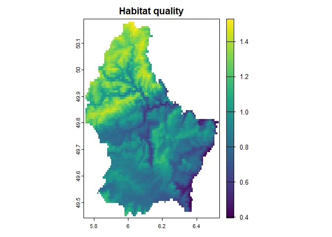 Figure 1: The habitat quality of the example landscape. Note: higher
value = better habitat
quality